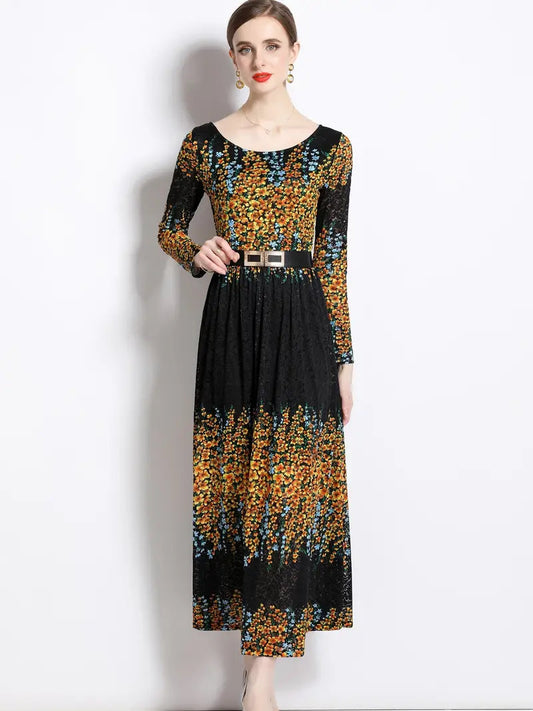 Star Print Midi Winter Dress With Belt