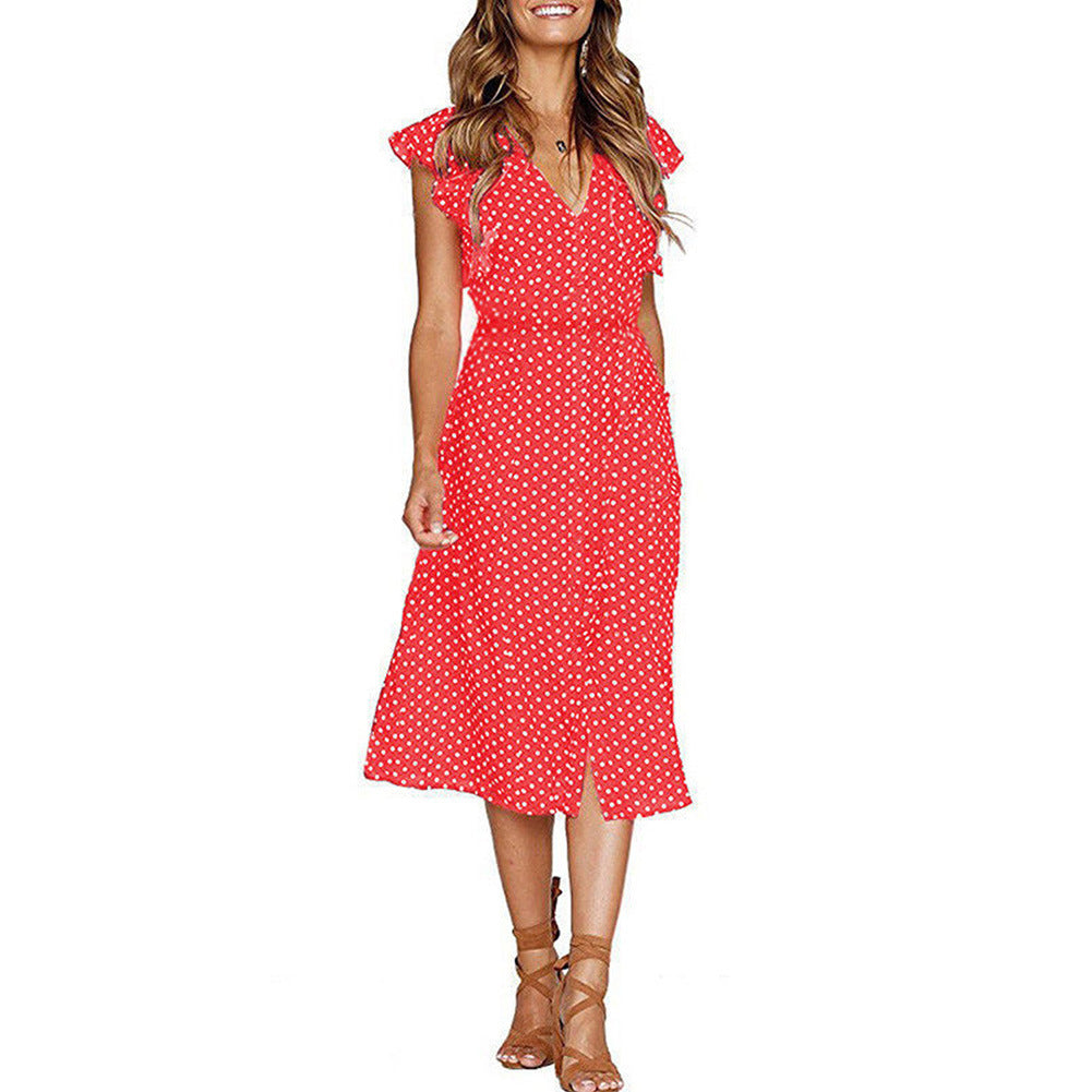 Boho Polka Dot Sleeveless V Neck Swing Midi Dress With Pockets for Summer