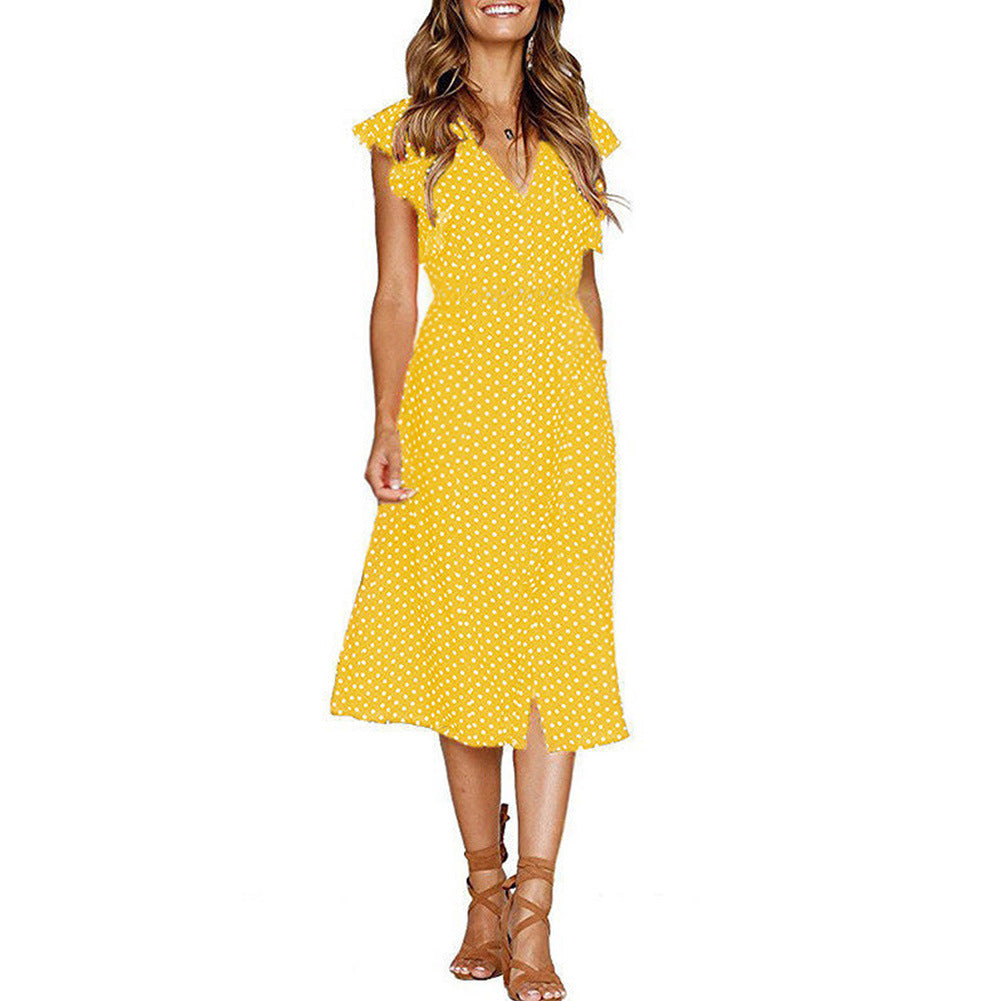 Boho Polka Dot Sleeveless V Neck Swing Midi Dress With Pockets for Summer