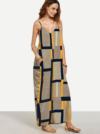 Summer Yellow Plaid Spaghetti Straps V Neck Maxi Dress