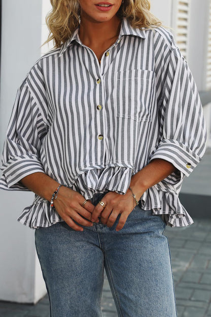 Striped Loose Fit Lace Hem Blouse