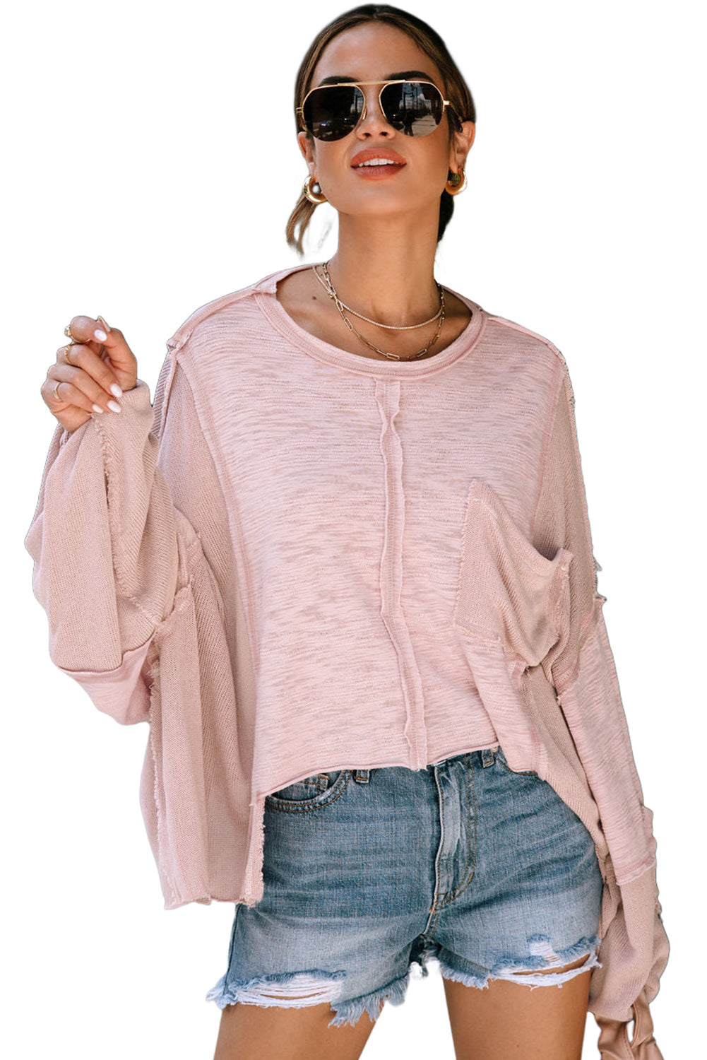 and Top Chest Exposed Pocket Loose Seam Oversized with Pink Sleeves