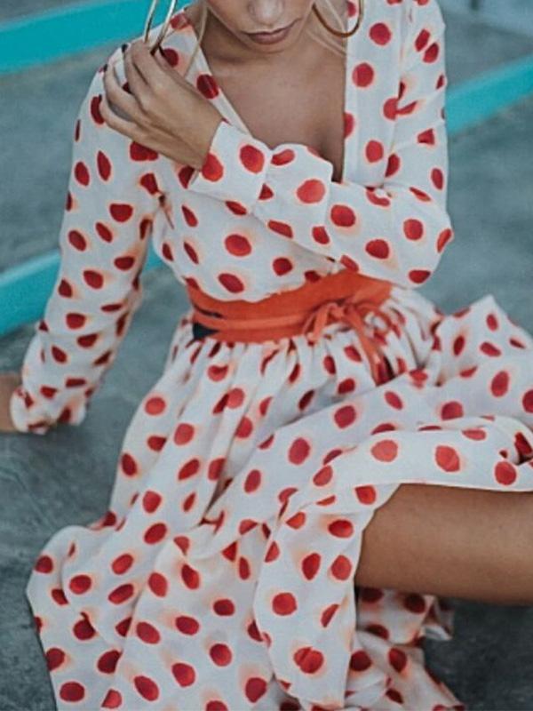 Red Polka-Dot V-Neck Maxi Dress with Long Sleeves