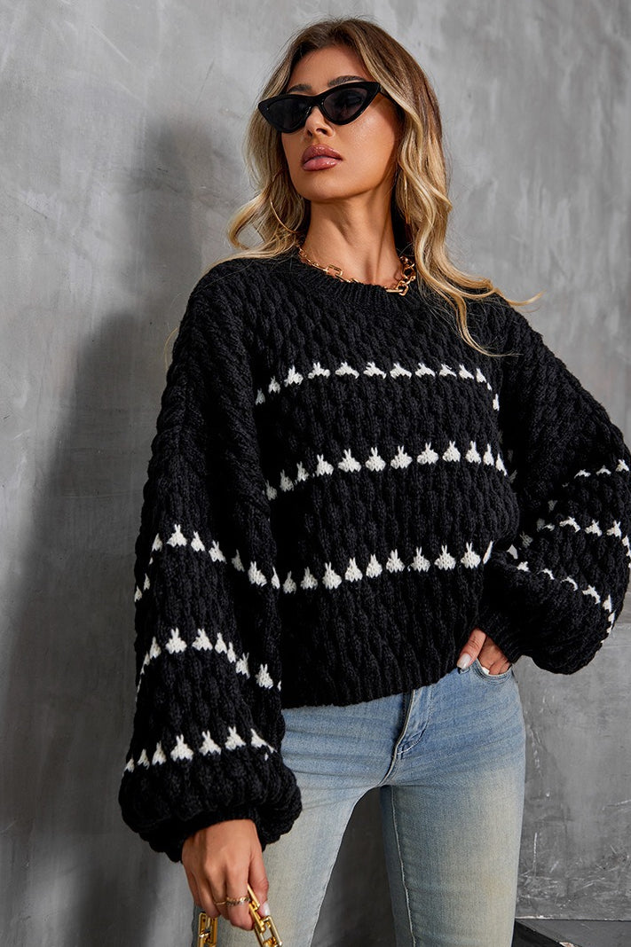 Vintage Striped Round Neck Knit  Sweater