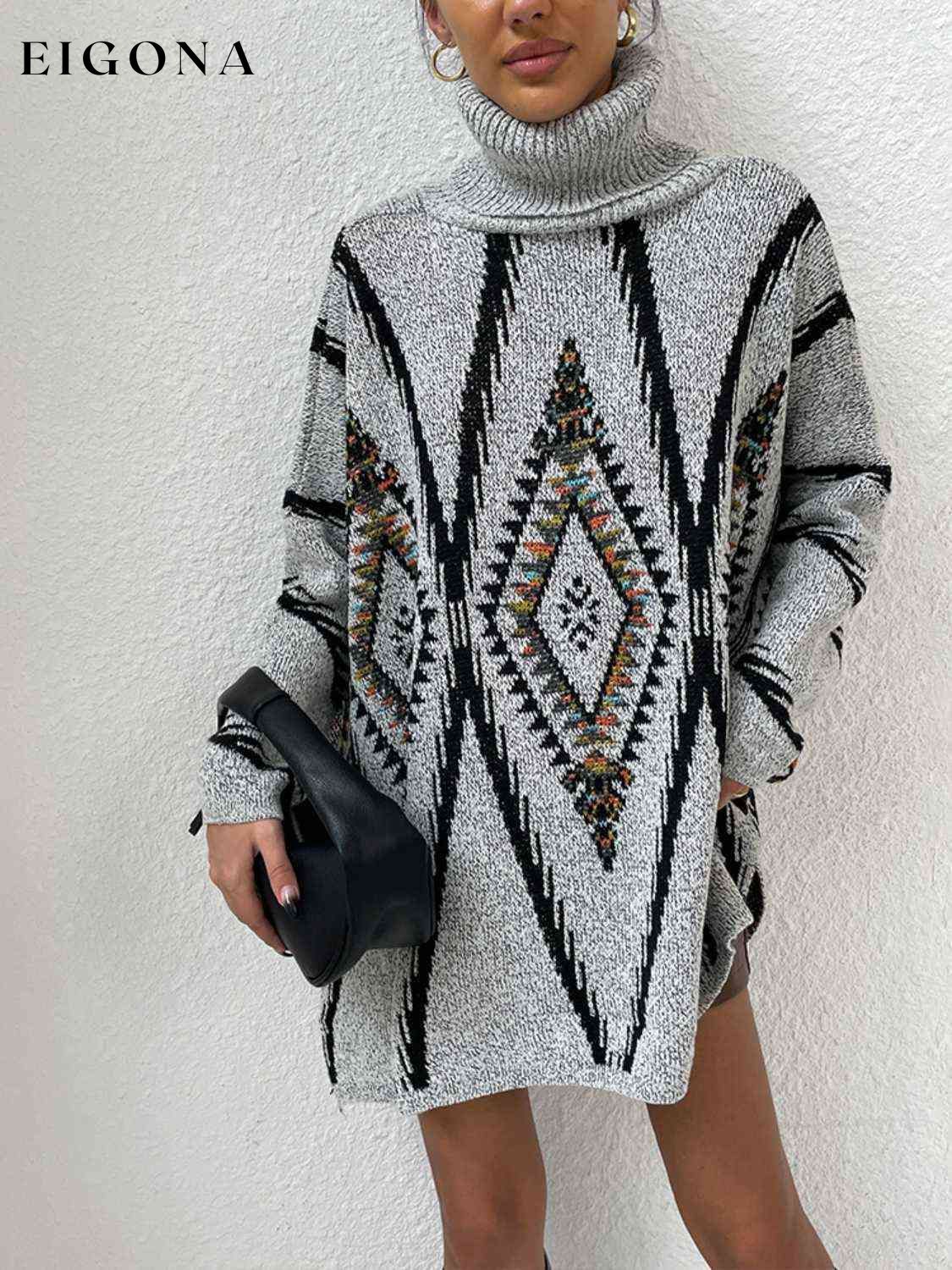 Cosybreezee - Turtleneck Slit Geometric Sweater