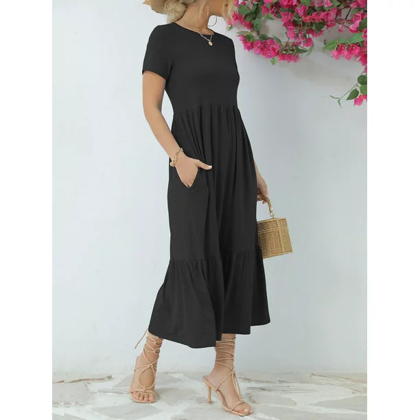 Tiered Maxi Beach Dress with Pockets - Short Sleeve