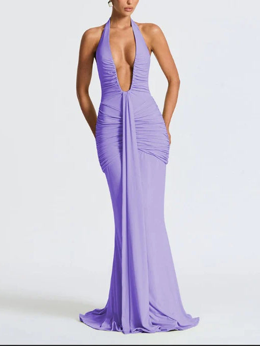 Solid Color Halter Neck V-Neck Backless Fishtail Party Dress