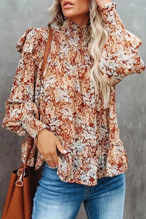 Ruffled Smocked Flowered Lantern Arm Blouse