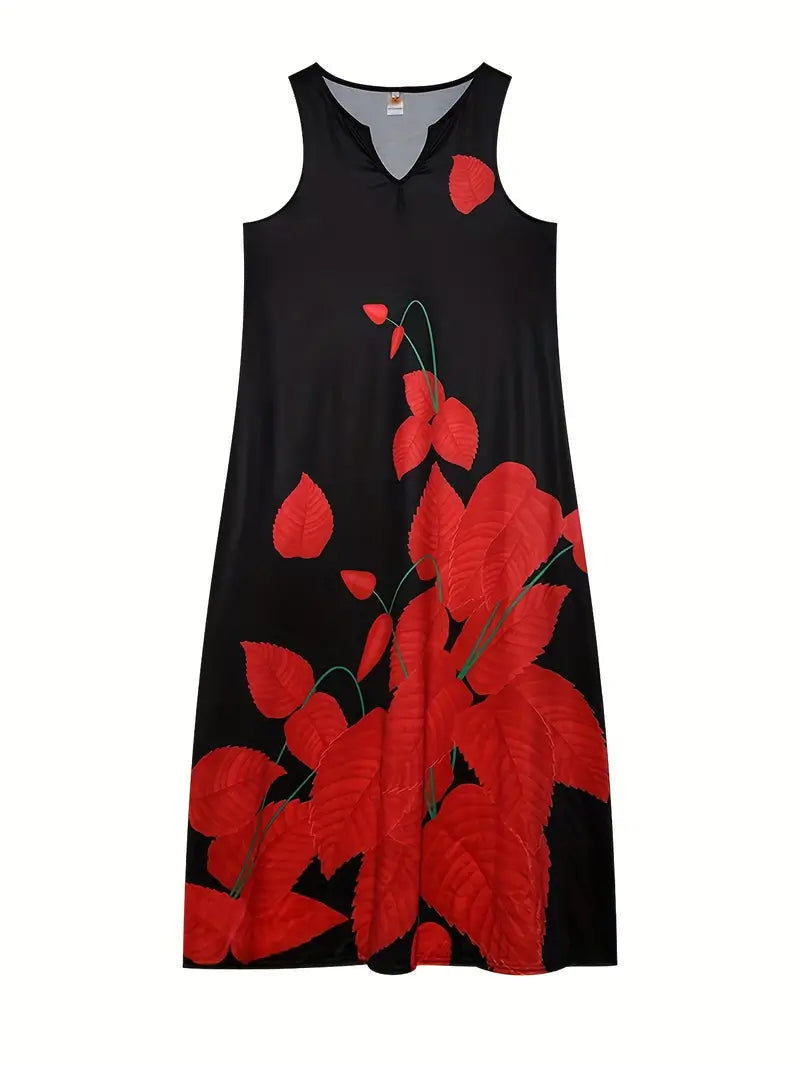 Black Floral Print Notched Neck Dress for Summer