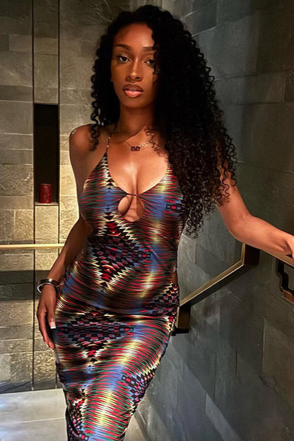 Stylish Floral Print Backless Bodycon Maxi Dress