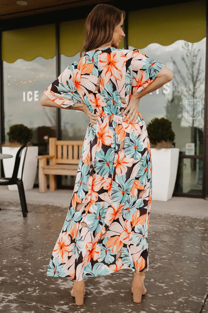 V Neck Print Cap Sleeve Slit Maxi Dress