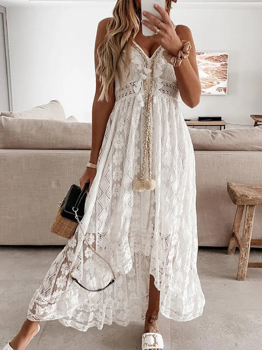 Sleeveless V-neck Dress with Tassel Ruching