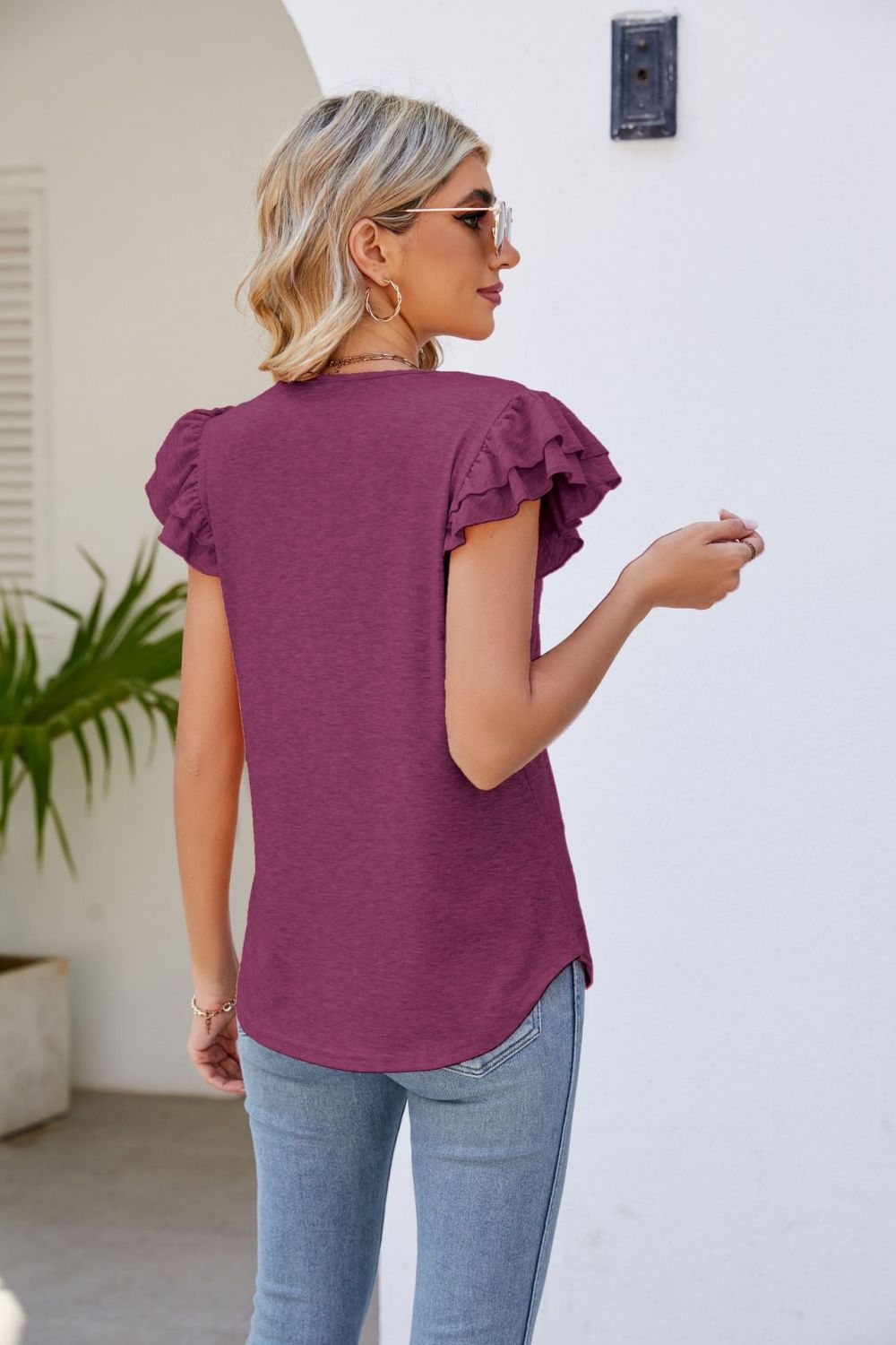 Top Smocked Flutter V-Neck with Arm Detail