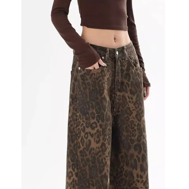 Trendy Autumnal American Retro Leopard Print Niche Design Casual Straight Wide-Leg Pants Jean