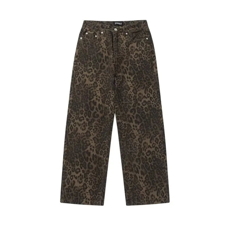 Trendy Autumnal American Retro Leopard Print Niche Design Casual Straight Wide-Leg Pants Jean