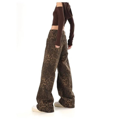 Trendy Autumnal American Retro Leopard Print Niche Design Casual Straight Wide-Leg Pants Jean