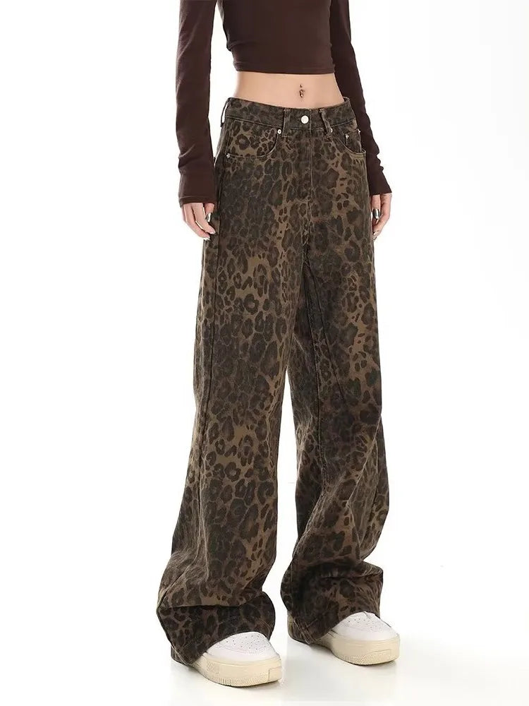 Trendy Autumnal American Retro Leopard Print Niche Design Casual Straight Wide-Leg Pants Jean