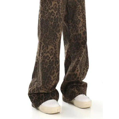 Trendy Autumnal American Retro Leopard Print Niche Design Casual Straight Wide-Leg Pants Jean