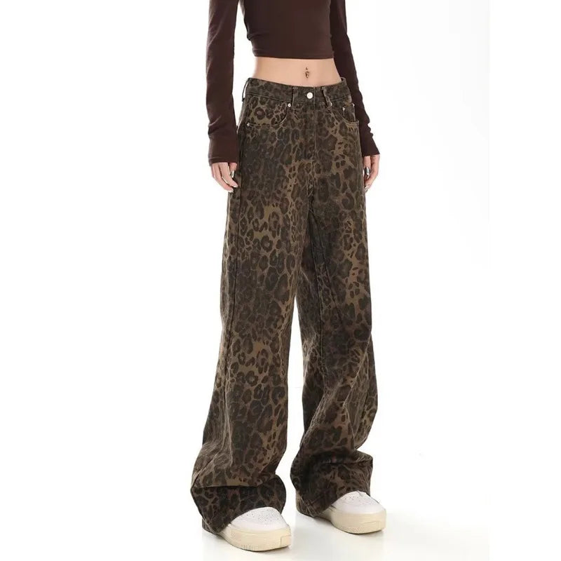 Trendy Autumnal American Retro Leopard Print Niche Design Casual Straight Wide-Leg Pants Jean