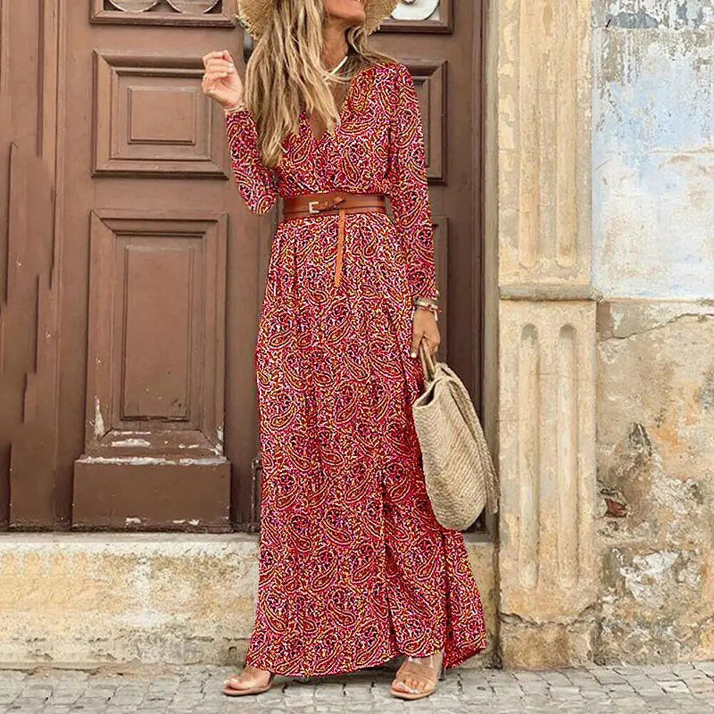 Autumn Female Short Sleeve Sexy High Split Maxi Boho Dress