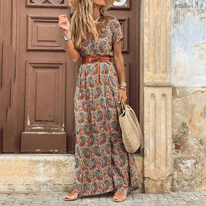 Autumn Female Short Sleeve Sexy High Split Maxi Boho Dress