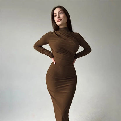 Autumn Ruched Long Slinky Sexy Birthday Robes Midi Dress