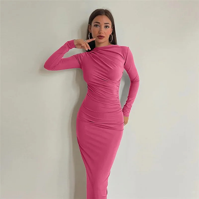 Autumn Ruched Long Slinky Sexy Birthday Robes Midi Dress