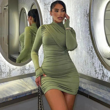 Fashion Ruched Bodycon Long Sleeve Club Mini Dress