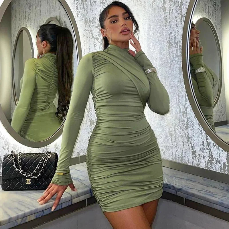 Fashion Ruched Bodycon Long Sleeve Club Mini Dress