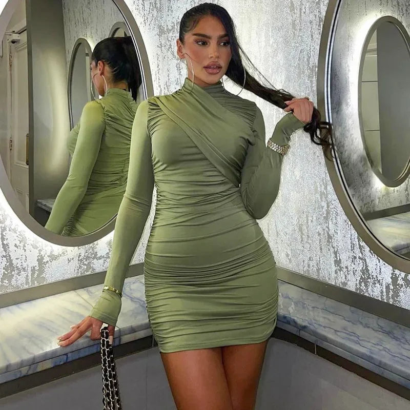 Fashion Ruched Bodycon Long Sleeve Club Mini Dress