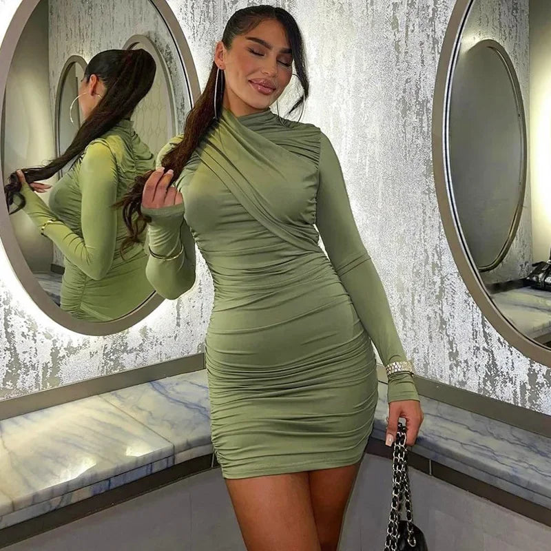 Fashion Ruched Bodycon Long Sleeve Club Mini Dress