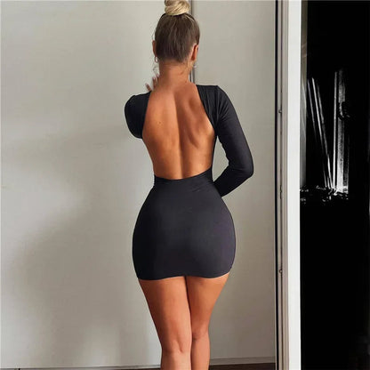 Solid Slinky Open Back Long Sleeve Mini Dress