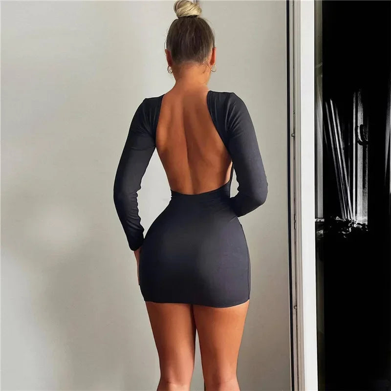 Solid Slinky Open Back Long Sleeve Mini Dress