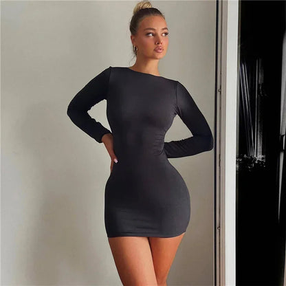 Solid Slinky Open Back Long Sleeve Mini Dress