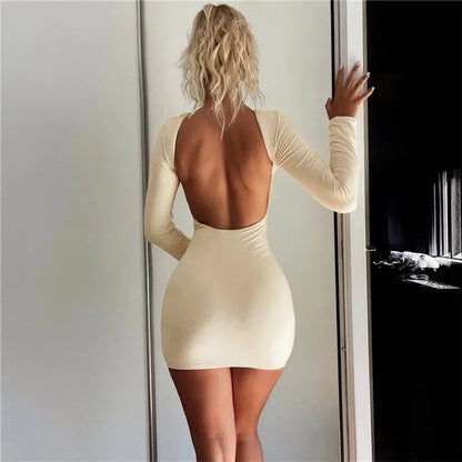 Solid Slinky Open Back Long Sleeve Mini Dress