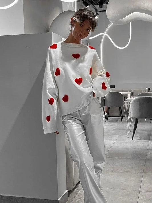 Autumnal Oversized Cozy Heart-printed Casual Comfortable Thickened Long Sleeve Warm Sweater