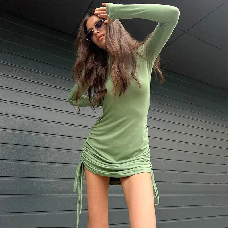 Drawstring Long Sleeve Club Party Bodycon Solid Mini Dress