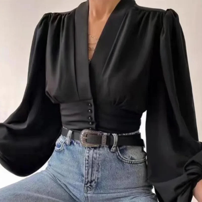 V-neck Fitted Waist Puffy Sleeve Silky Blouse