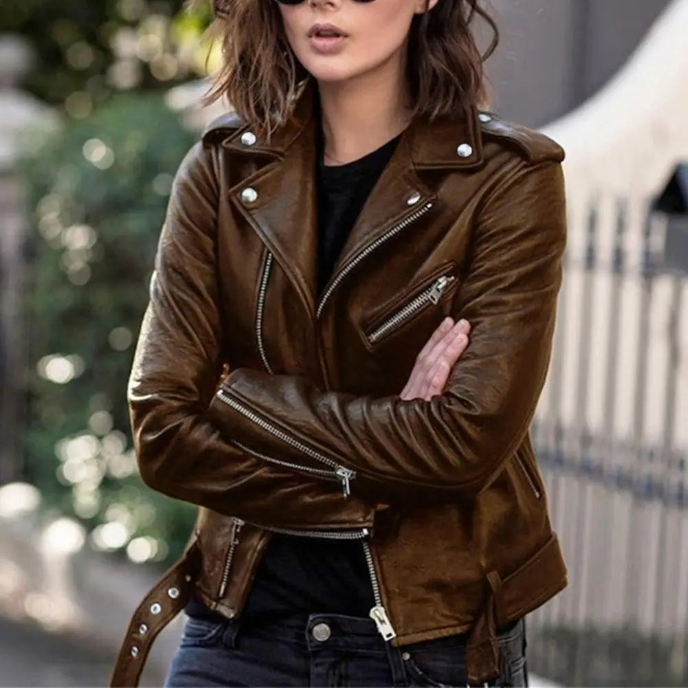 Autumn Short Solid Biker Thin Cool Faux Leather Jacket