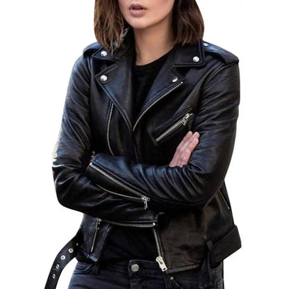 Autumn Short Solid Biker Thin Cool Faux Leather Jacket