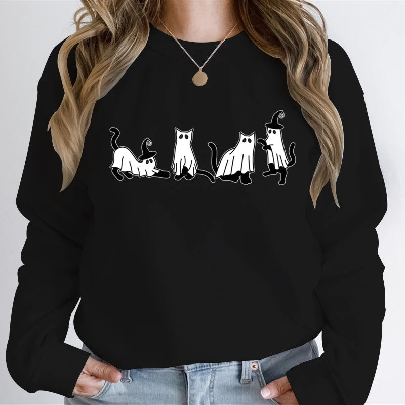 Autumn Ghost Cat Graphic Comfortable Hoodie