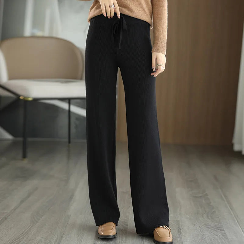 New Merino Wool Ladies High Waist Wide Leg Casual Loose Pants