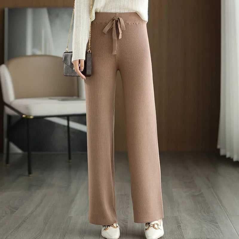 New Merino Wool Ladies High Waist Wide Leg Casual Loose Pants