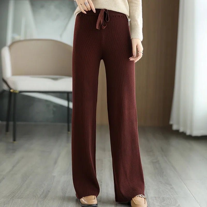 New Merino Wool Ladies High Waist Wide Leg Casual Loose Pants