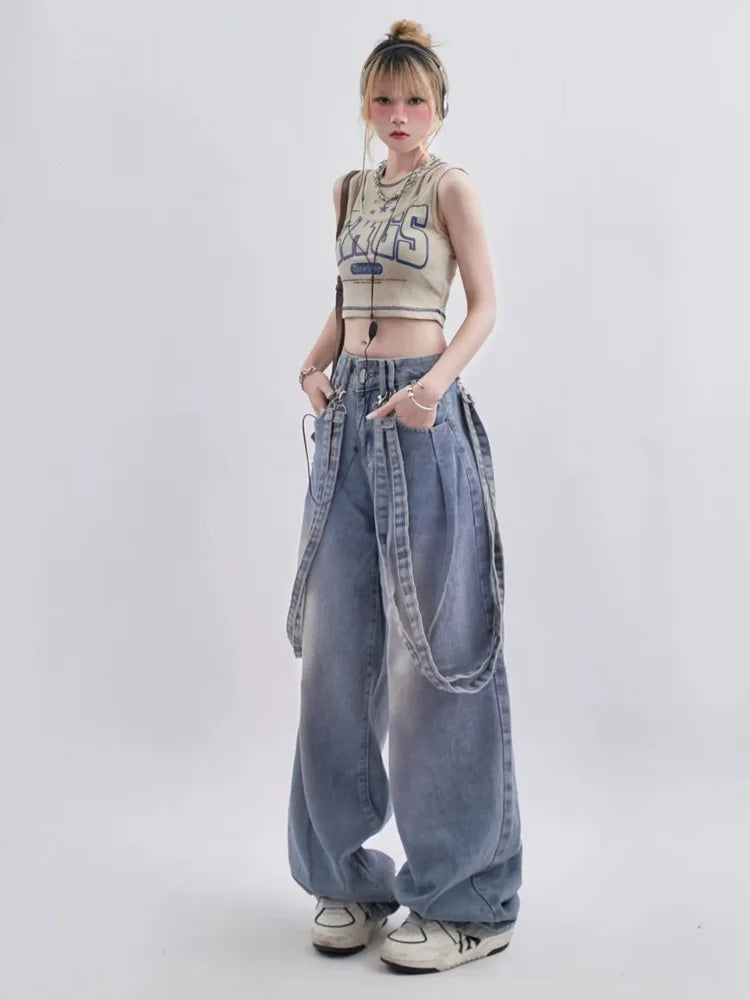 Retro Niche Ribbon Design Washable And Distressed Wide Leg High Waisted Autumn Women's Jean