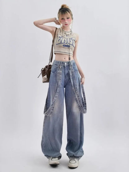 Retro Niche Ribbon Design Washable And Distressed Wide Leg High Waisted Autumn Women's Jean