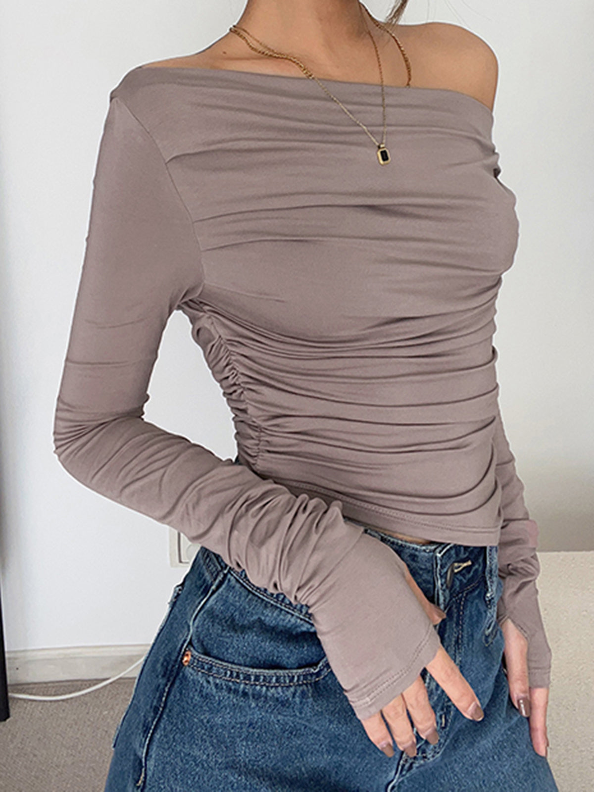 Asymmetrical Off Shoulder Trendy Long Sleeve Shirt