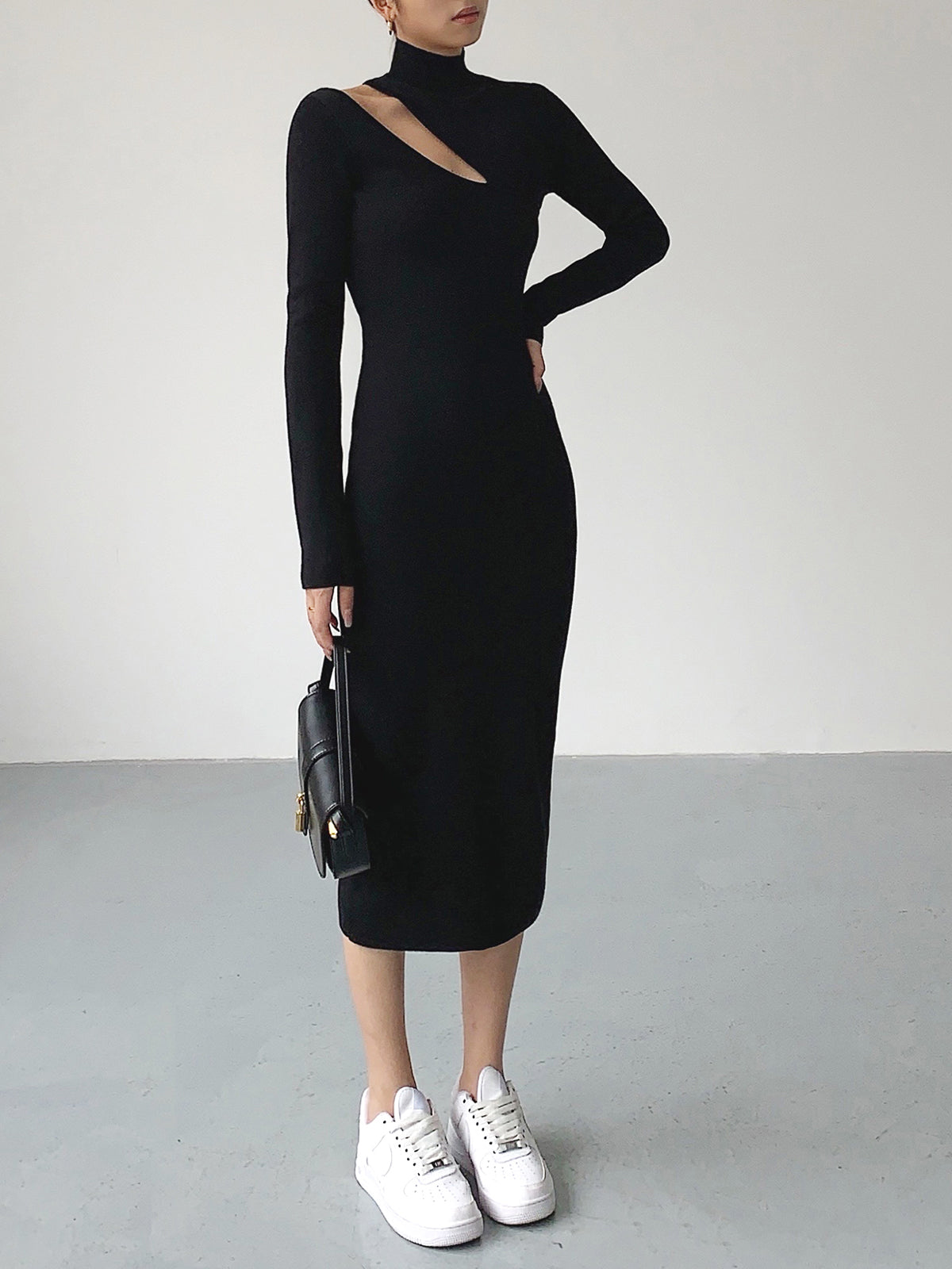 Asymmetrical Cutout Mock Trendy Neck Knit Midi Dress