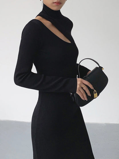 Asymmetrical Cutout Mock Trendy Neck Knit Midi Dress