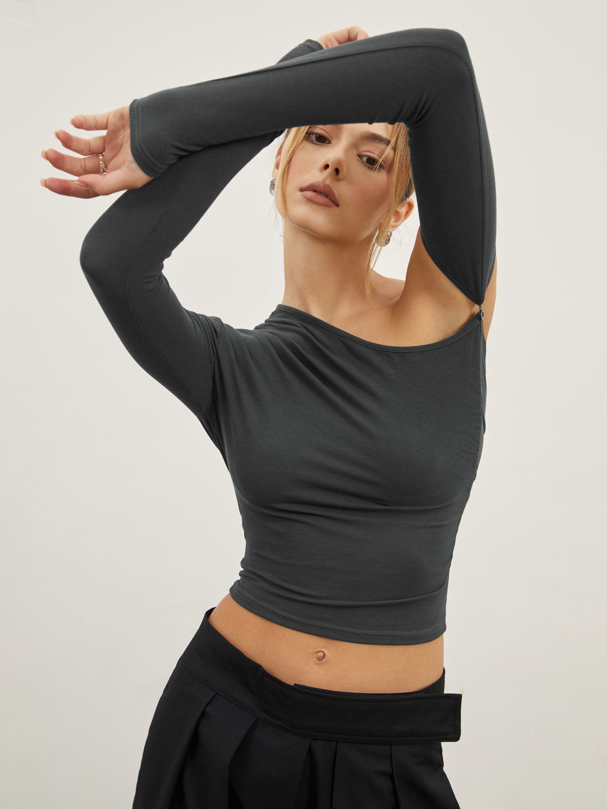 Asymmetric Sleeve Graceful Ruched Crop Shirt